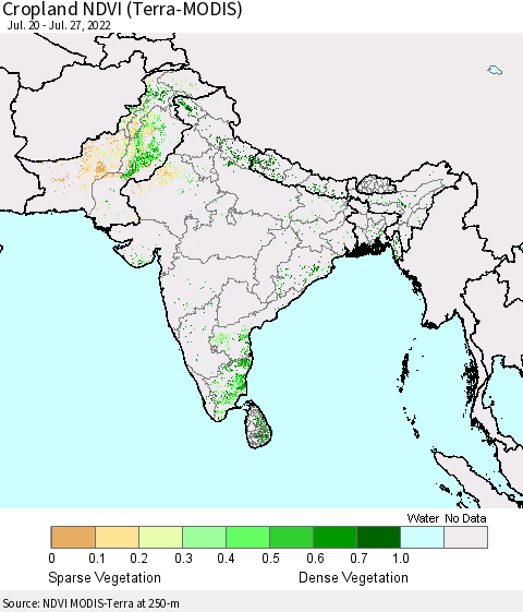 Southern Asia Cropland NDVI (Terra-MODIS) Thematic Map For 7/20/2022 - 7/27/2022