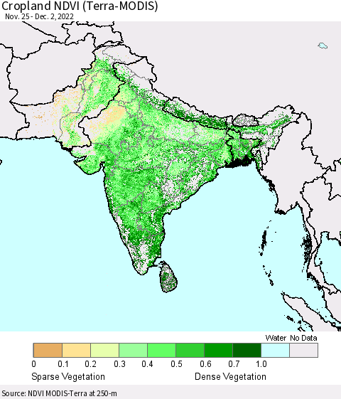 Southern Asia Cropland NDVI (Terra-MODIS) Thematic Map For 11/25/2022 - 12/2/2022