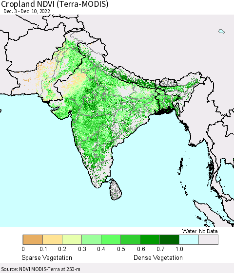 Southern Asia Cropland NDVI (Terra-MODIS) Thematic Map For 12/1/2022 - 12/10/2022
