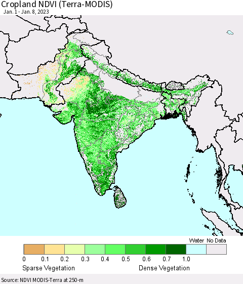 Southern Asia Cropland NDVI (Terra-MODIS) Thematic Map For 1/1/2023 - 1/8/2023