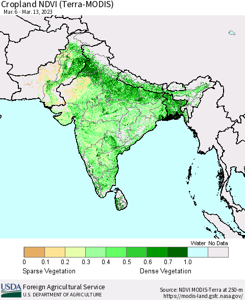 Southern Asia Cropland NDVI (Terra-MODIS) Thematic Map For 3/11/2023 - 3/20/2023