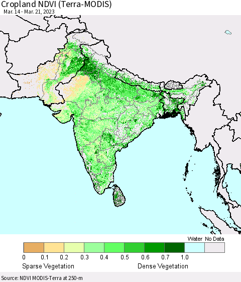 Southern Asia Cropland NDVI (Terra-MODIS) Thematic Map For 3/14/2023 - 3/21/2023