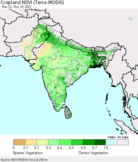Southern Asia Cropland NDVI (Terra-MODIS) Thematic Map For 3/22/2023 - 3/29/2023