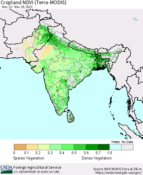 Southern Asia Cropland NDVI (Terra-MODIS) Thematic Map For 3/21/2023 - 3/31/2023