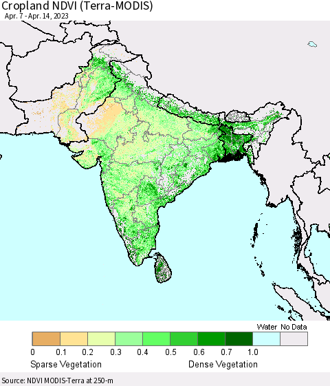 Southern Asia Cropland NDVI (Terra-MODIS) Thematic Map For 4/7/2023 - 4/14/2023