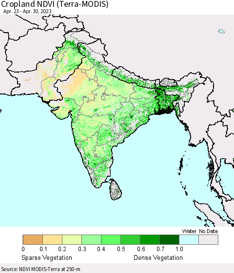 Southern Asia Cropland NDVI (Terra-MODIS) Thematic Map For 4/21/2023 - 4/30/2023