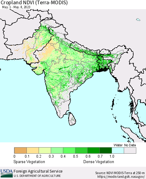 Southern Asia Cropland NDVI (Terra-MODIS) Thematic Map For 5/1/2023 - 5/10/2023