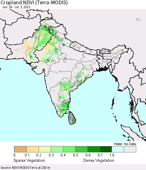 Southern Asia Cropland NDVI (Terra-MODIS) Thematic Map For 6/26/2023 - 7/3/2023