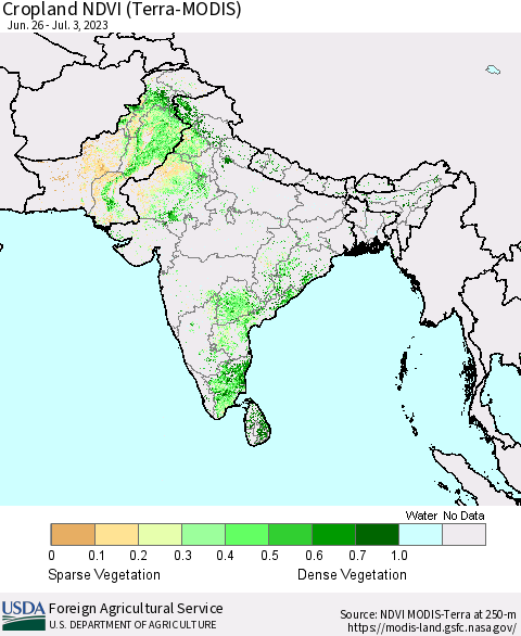 Southern Asia Cropland NDVI (Terra-MODIS) Thematic Map For 7/1/2023 - 7/10/2023