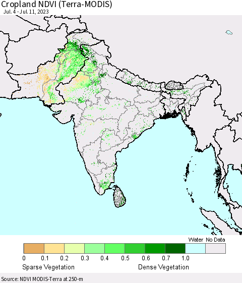 Southern Asia Cropland NDVI (Terra-MODIS) Thematic Map For 7/4/2023 - 7/11/2023