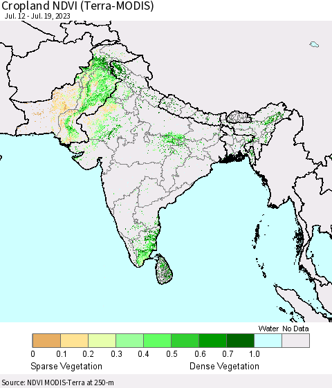 Southern Asia Cropland NDVI (Terra-MODIS) Thematic Map For 7/12/2023 - 7/19/2023