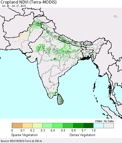 Southern Asia Cropland NDVI (Terra-MODIS) Thematic Map For 7/20/2023 - 7/27/2023