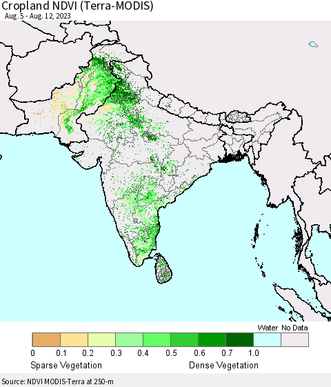 Southern Asia Cropland NDVI (Terra-MODIS) Thematic Map For 8/5/2023 - 8/12/2023