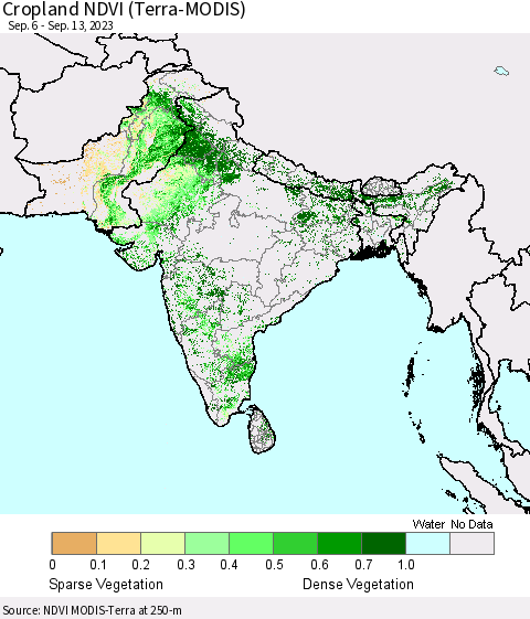 Southern Asia Cropland NDVI (Terra-MODIS) Thematic Map For 9/6/2023 - 9/13/2023
