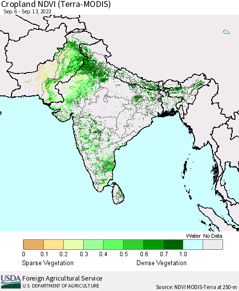 Southern Asia Cropland NDVI (Terra-MODIS) Thematic Map For 9/11/2023 - 9/20/2023