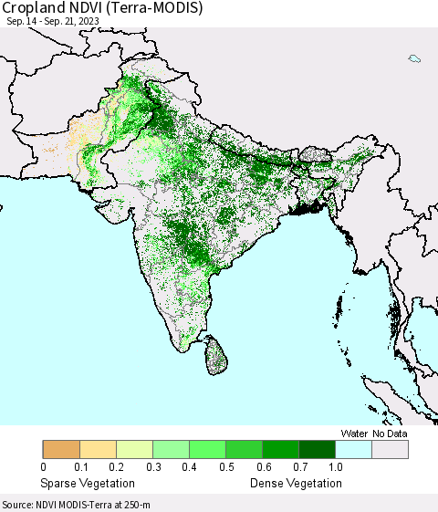 Southern Asia Cropland NDVI (Terra-MODIS) Thematic Map For 9/14/2023 - 9/21/2023