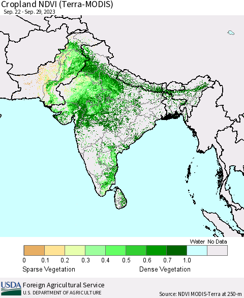 Southern Asia Cropland NDVI (Terra-MODIS) Thematic Map For 9/21/2023 - 9/30/2023