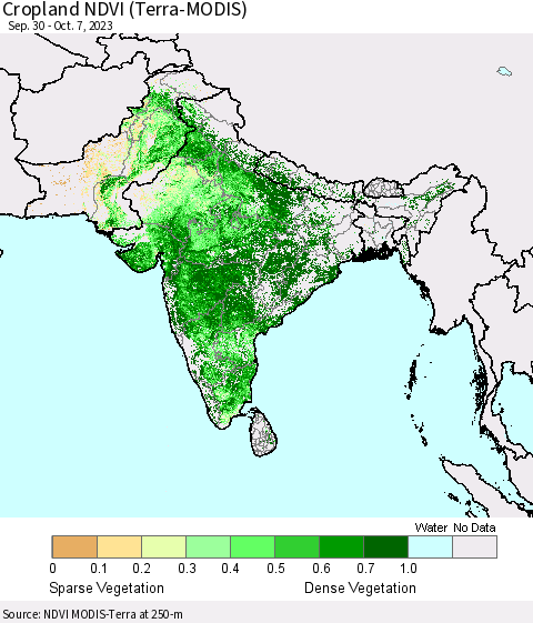 Southern Asia Cropland NDVI (Terra-MODIS) Thematic Map For 9/30/2023 - 10/7/2023