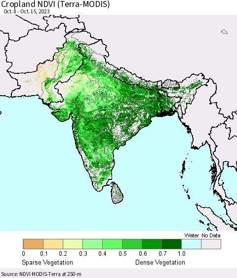 Southern Asia Cropland NDVI (Terra-MODIS) Thematic Map For 10/8/2023 - 10/15/2023