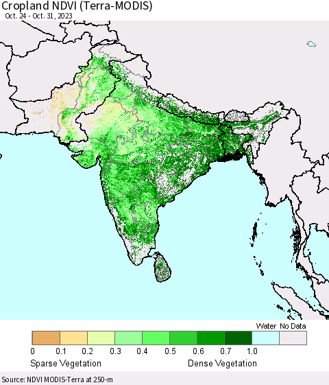 Southern Asia Cropland NDVI (Terra-MODIS) Thematic Map For 10/21/2023 - 10/31/2023