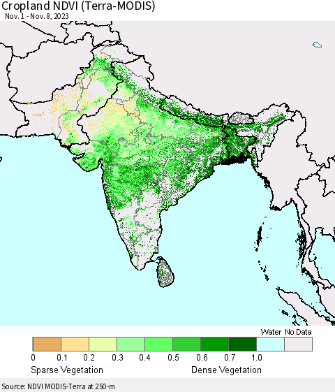 Southern Asia Cropland NDVI (Terra-MODIS) Thematic Map For 11/1/2023 - 11/8/2023