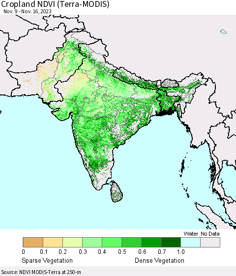 Southern Asia Cropland NDVI (Terra-MODIS) Thematic Map For 11/9/2023 - 11/16/2023