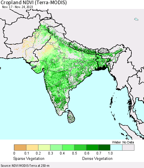 Southern Asia Cropland NDVI (Terra-MODIS) Thematic Map For 11/17/2023 - 11/24/2023