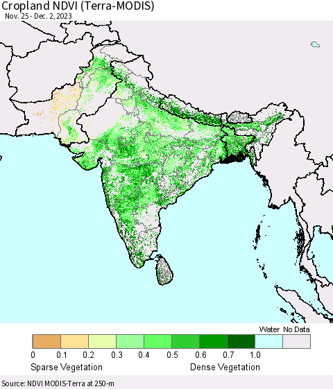 Southern Asia Cropland NDVI (Terra-MODIS) Thematic Map For 11/25/2023 - 12/2/2023