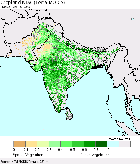 Southern Asia Cropland NDVI (Terra-MODIS) Thematic Map For 12/3/2023 - 12/10/2023