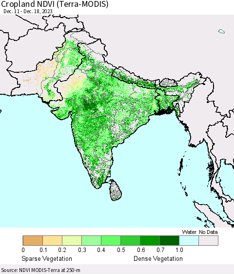Southern Asia Cropland NDVI (Terra-MODIS) Thematic Map For 12/11/2023 - 12/18/2023