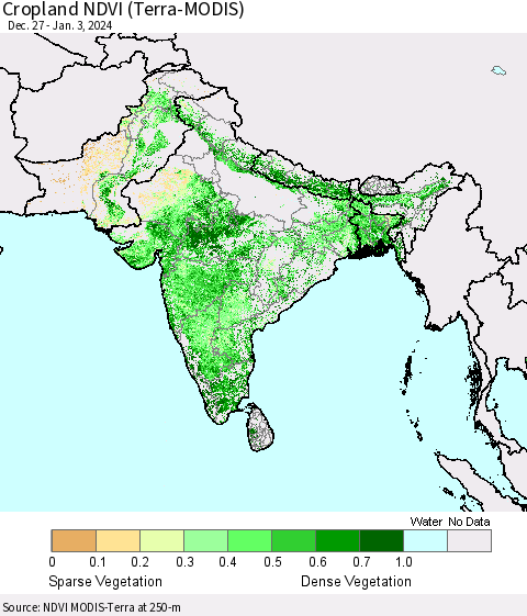 Southern Asia Cropland NDVI (Terra-MODIS) Thematic Map For 12/27/2023 - 1/3/2024