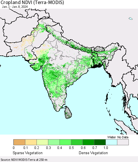 Southern Asia Cropland NDVI (Terra-MODIS) Thematic Map For 1/1/2024 - 1/8/2024