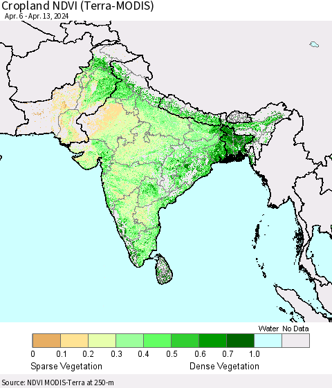 Southern Asia Cropland NDVI (Terra-MODIS) Thematic Map For 4/6/2024 - 4/13/2024