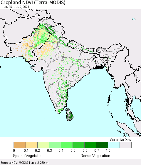 Southern Asia Cropland NDVI (Terra-MODIS) Thematic Map For 6/25/2024 - 7/2/2024