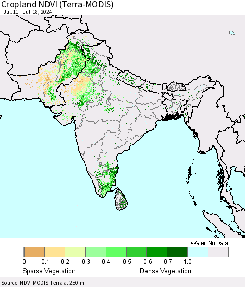Southern Asia Cropland NDVI (Terra-MODIS) Thematic Map For 7/11/2024 - 7/18/2024