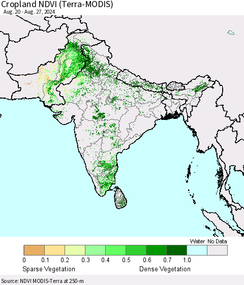 Southern Asia Cropland NDVI (Terra-MODIS) Thematic Map For 8/20/2024 - 8/27/2024