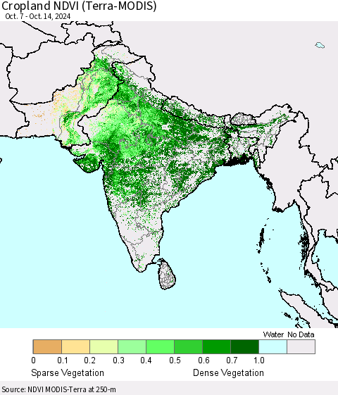 Southern Asia Cropland NDVI (Terra-MODIS) Thematic Map For 10/7/2024 - 10/14/2024