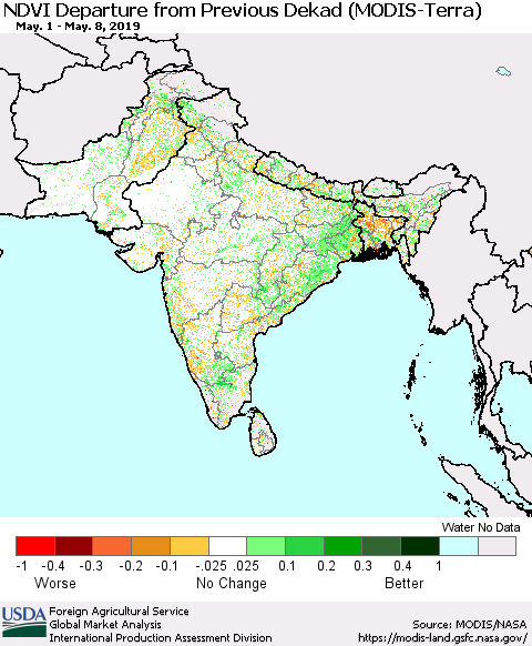 Southern Asia NDVI Departure from Previous Dekad (Terra-MODIS) Thematic Map For 5/1/2019 - 5/10/2019