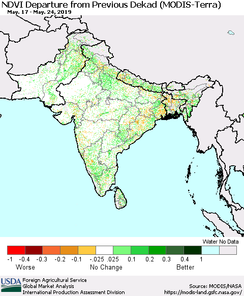 Southern Asia NDVI Departure from Previous Dekad (Terra-MODIS) Thematic Map For 5/21/2019 - 5/31/2019