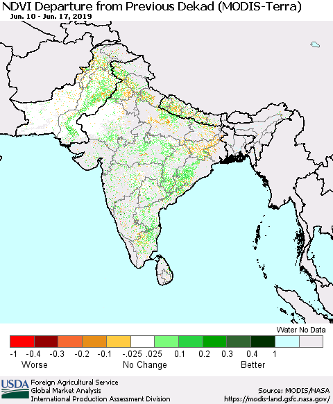 Southern Asia NDVI Departure from Previous Dekad (Terra-MODIS) Thematic Map For 6/11/2019 - 6/20/2019