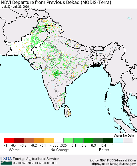 Southern Asia NDVI Departure from Previous Dekad (Terra-MODIS) Thematic Map For 7/21/2019 - 7/31/2019