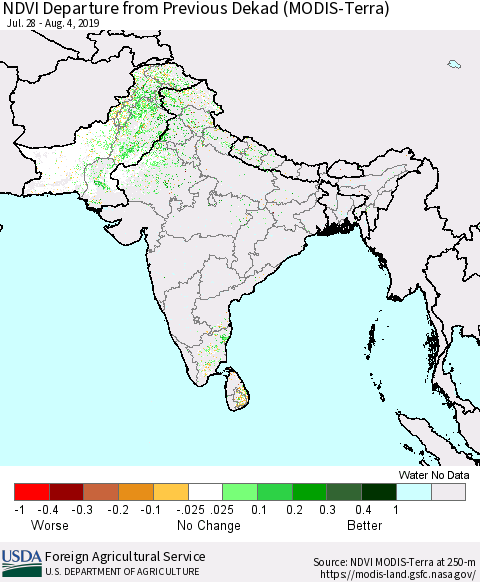 Southern Asia NDVI Departure from Previous Dekad (Terra-MODIS) Thematic Map For 8/1/2019 - 8/10/2019