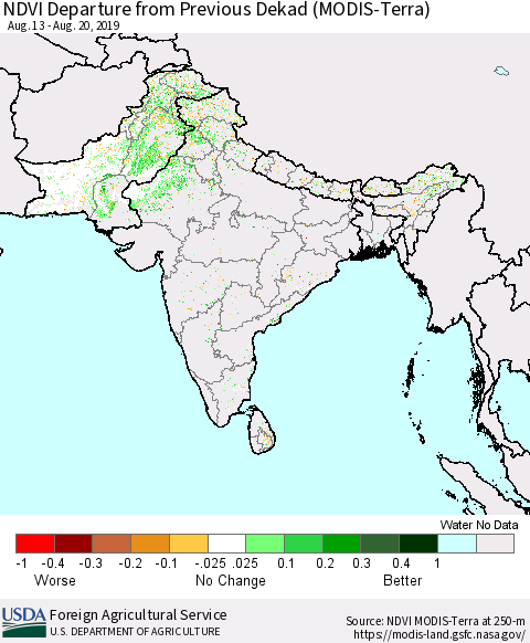 Southern Asia NDVI Departure from Previous Dekad (Terra-MODIS) Thematic Map For 8/11/2019 - 8/20/2019