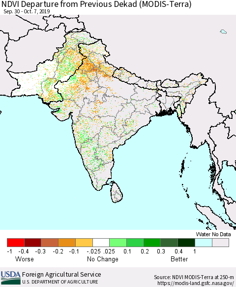 Southern Asia NDVI Departure from Previous Dekad (MODIS-Terra) Thematic Map For 10/1/2019 - 10/10/2019