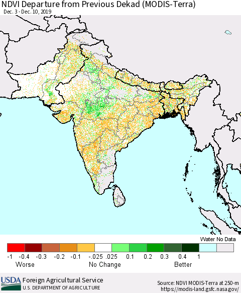Southern Asia NDVI Departure from Previous Dekad (MODIS-Terra) Thematic Map For 12/1/2019 - 12/10/2019