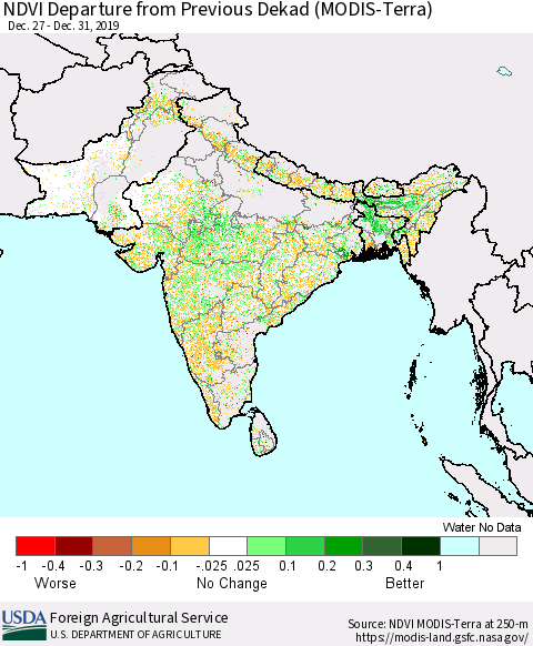 Southern Asia NDVI Departure from Previous Dekad (MODIS-Terra) Thematic Map For 12/21/2019 - 12/31/2019
