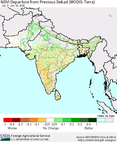 Southern Asia NDVI Departure from Previous Dekad (Terra-MODIS) Thematic Map For 1/11/2020 - 1/20/2020