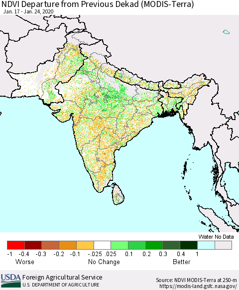 Southern Asia NDVI Departure from Previous Dekad (Terra-MODIS) Thematic Map For 1/21/2020 - 1/31/2020