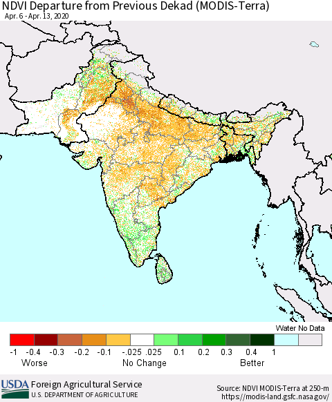 Southern Asia NDVI Departure from Previous Dekad (Terra-MODIS) Thematic Map For 4/11/2020 - 4/20/2020