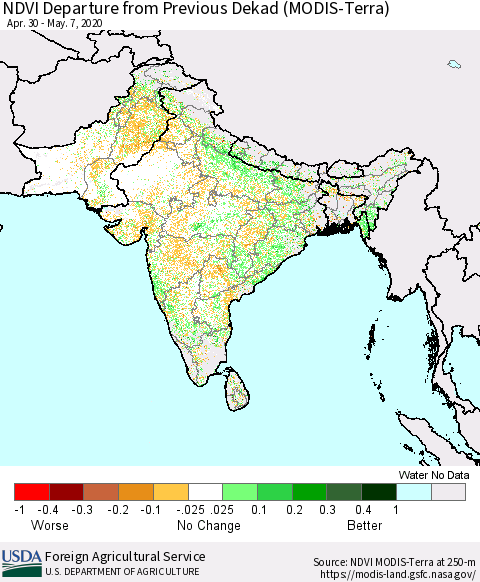 Southern Asia NDVI Departure from Previous Dekad (Terra-MODIS) Thematic Map For 5/1/2020 - 5/10/2020